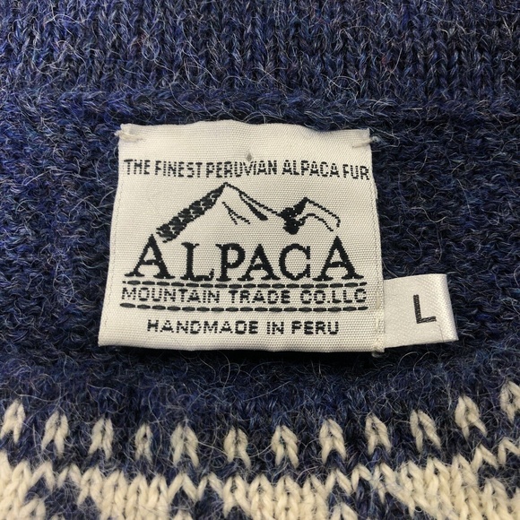 Men's Sweater Alpaca Fur Fair Isle Jumper Pullover Geometric Accent Trim Blue L - Picture 5 of 6